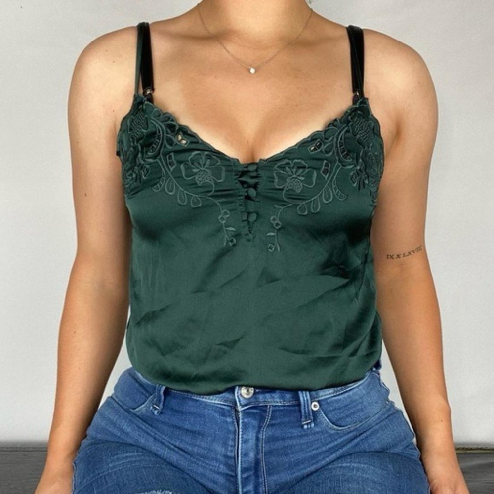 Abercrombie & Fitch Satin green embroidered thong bodysuit